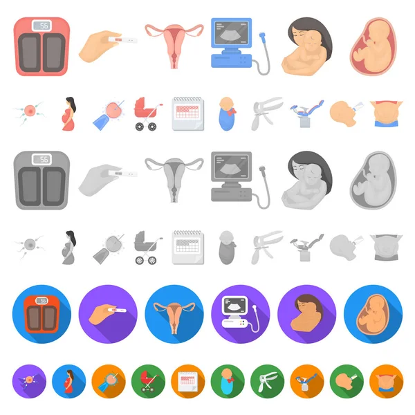 Ícones de desenhos animados de mulher e gravidez na coleção de conjuntos para design. Ginecologia e equipamentos símbolo vetorial ilustração web . —  Vetores de Stock