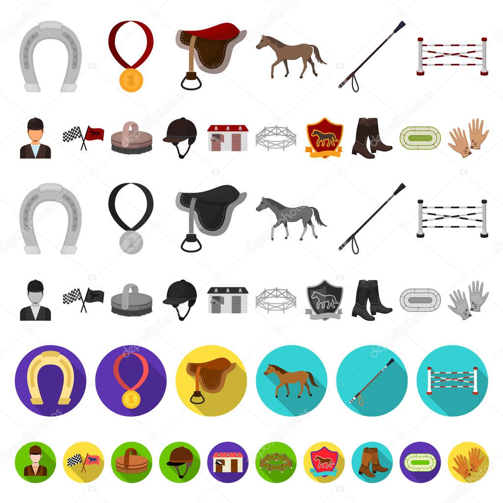 Hippodrome and horse cartoon icons in set collection for design. Horse Racing and Equipment vector symbol stock web illustration.