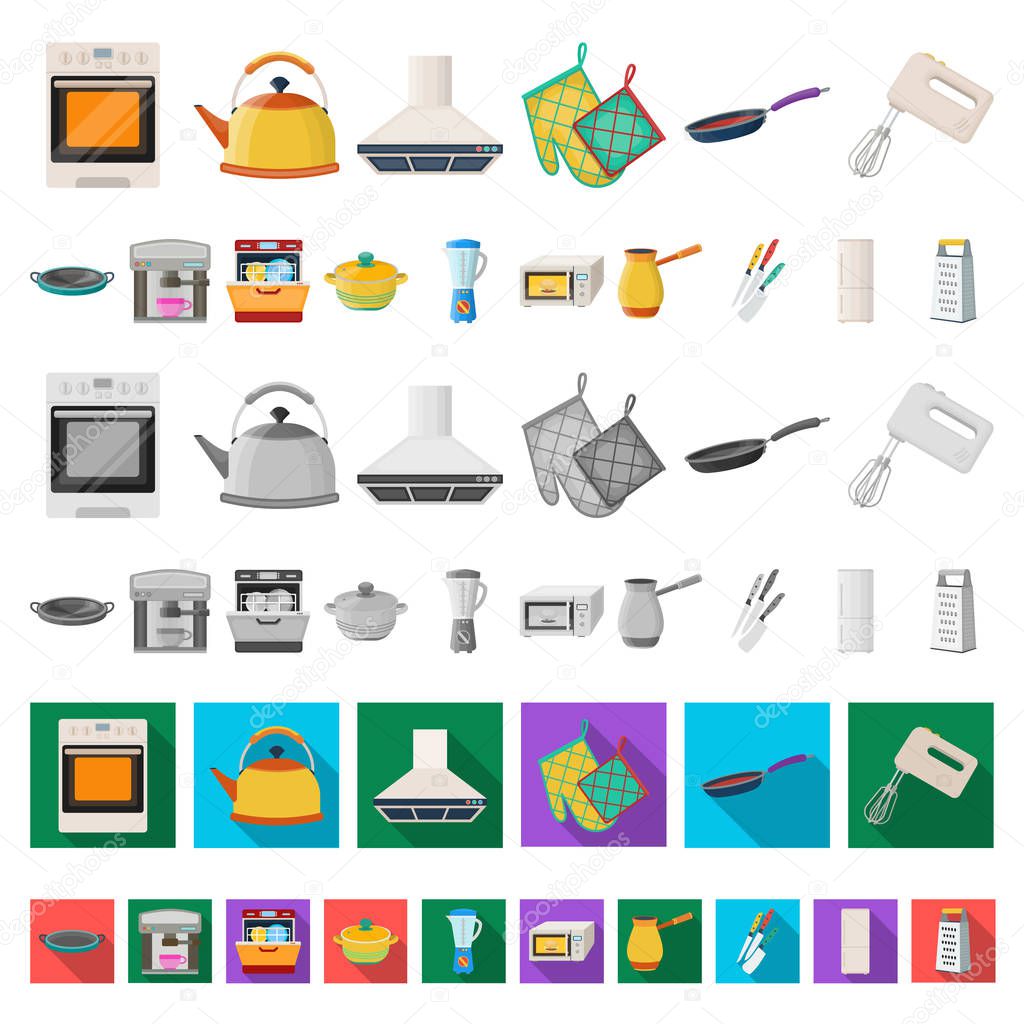 Kitchen equipment cartoon icons in set collection for design. Kitchen and accessories vector symbol stock  illustration.