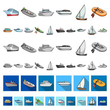 Su ve deniz taşıma karikatür simgeleri set koleksiyonu tasarım için. Tekneler ve gemiler çeşitli sembol stok web illüstrasyon vektör.
