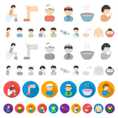 Set koleksiyonu tasarım için hasta adam karikatür simgeler. Hastalık ve tedavi sembol stok web illüstrasyon vektör.