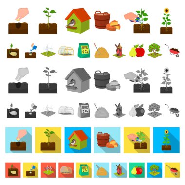 Set koleksiyonu tasarım için çiftlik ve tarım karikatür simgeler. Bahçe ve bitki izometrik vektör simge stok web çizim.