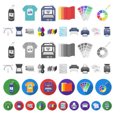 Matbaa ürünleri set koleksiyonu tasarım için simgeleri karikatür. Sembol stok web illüstrasyon vektör yazdırma ve ekipman.