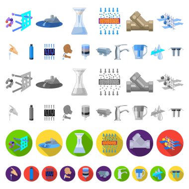Su filtrasyon sistemi karikatür simgeleri set koleksiyonu tasarım için. Temizlik ekipmanları vektör simge stok web çizim.