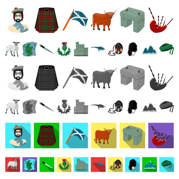 Country Scotland icone dei cartoni animati in collezione set per il design. Giro turistico, cultura e tradizione vettoriale simbolo stock web illustrazione . — Vettoriale Stock