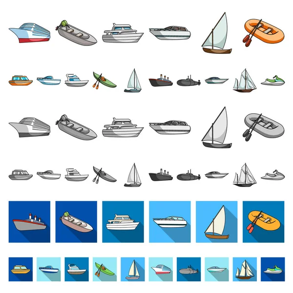 Iconos de dibujos animados de agua y transporte marítimo en la colección de conjuntos para el diseño. Una variedad de barcos y barcos vector símbolo stock web ilustración . — Archivo Imágenes Vectoriales