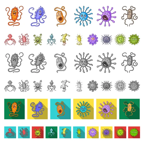 Tipos de micróbios engraçados ícones de desenhos animados na coleção de conjuntos para design. Ilustração patogênica da teia do estoque do símbolo do vetor dos micróbios . — Vetor de Stock