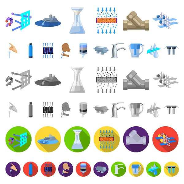 Su filtrasyon sistemi karikatür simgeleri set koleksiyonu tasarım için. Temizlik ekipmanları vektör simge stok web çizim.