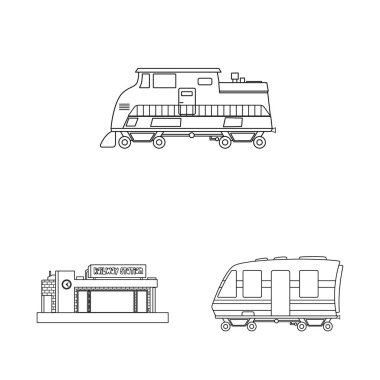 Tren ve istasyon logo vektör tasarımı. Tren ve bilet hisse senedi vektör çizim seti.