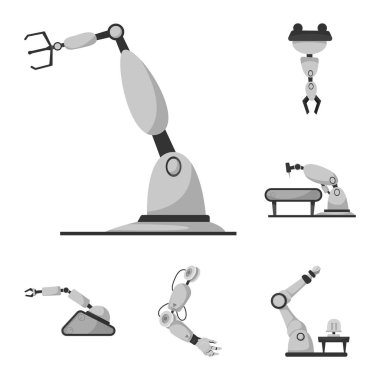 Robot ve fabrika simgesi yalıtılmış nesne. Hisse senedi için robot ve uzay vektör simge topluluğu.