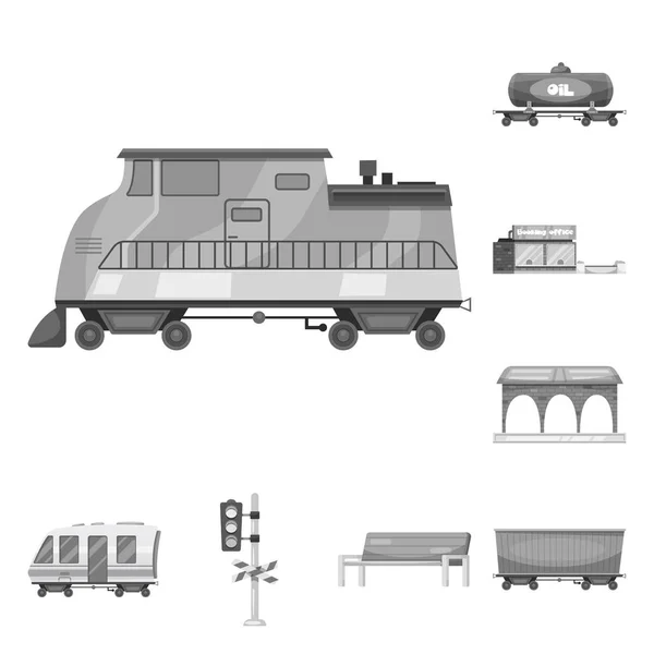 Vektordesign von Zug- und Bahnhofsschildern. Sammlung von Zug- und Fahrkartensymbolen für Aktien. — Stockvektor