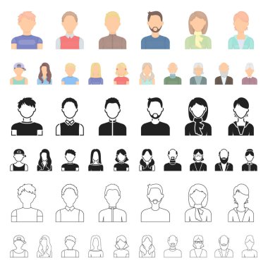 Set koleksiyonu tasarım için avatar ve yüz karikatür simgeler. Bir kişi s görünüm vektör simge stok web çizim.