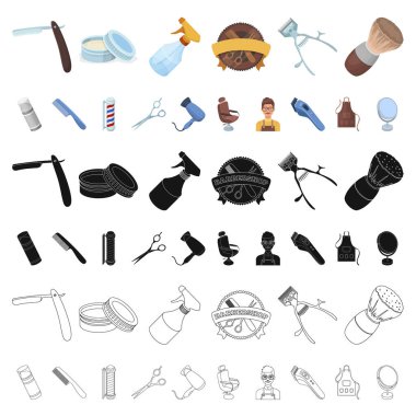 Set koleksiyonu tasarım için berber dükkanı ve ekipman karikatür simgeler. Saç kesimi ve tıraş sembol stok web illüstrasyon vektör.