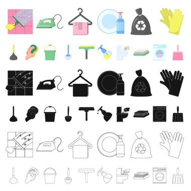 Temizlik ve hizmetçi set koleksiyonu tasarım için simgeleri karikatür. Vektör simge stok web illüstrasyon Temizleme için donatım.