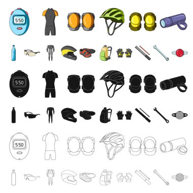 Set koleksiyonu tasarım için bisiklet kıyafeti karikatür simgeler. Bisiklet ve araç vektör simge stok web çizim.