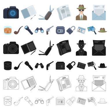 Dedektif ve öznitelikleri set koleksiyonu tasarım için simgeleri karikatür. Dedektif ajansı vektör simge stok web çizim.