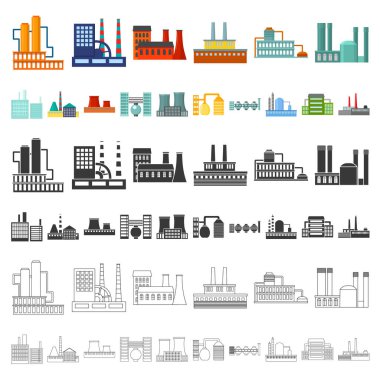 Fabrika ve tesisleri set koleksiyonu tasarım için simgeleri karikatür. Sembol stok web illüstrasyon vektör fabrikası ve donanımları.