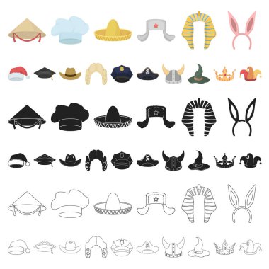 Şapka çeşitleri set koleksiyonu tasarım için simgeleri karikatür. Headdress vektör simge stok web çizimi.