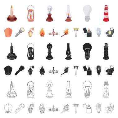 Set koleksiyonu tasarım için ışık kaynağı karikatür simgeler. Işık ve ekipman sembol stok web illüstrasyon vektör.