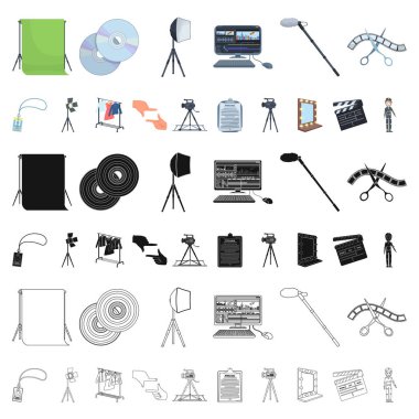 Bir film karikatür simgeleri set koleksiyonu tasarım için yapma. Öznitelikleri ve ekipman sembol stok web illüstrasyon vektör.