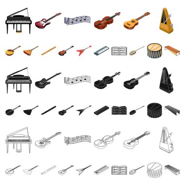 Müzik aleti çizgi film set koleksiyonu tasarım için simgeler. Resimde web dize ve Nefesli/Üflemeli Saz izometrik vektör simge stok.