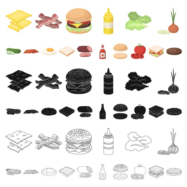 Burger i składniki kreskówka ikony w kolekcja zestaw do projektowania. Burger, gotowanie ilustracja wektorowa symbol zasobów sieci web. — Wektor stockowy