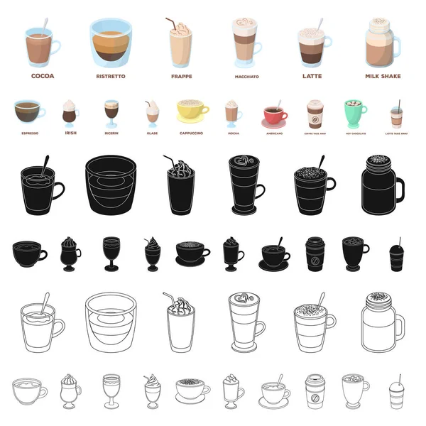Diferentes tipos de ícones de desenhos animados de café na coleção de conjuntos para design. Café bebida vetor símbolo web ilustração . —  Vetores de Stock