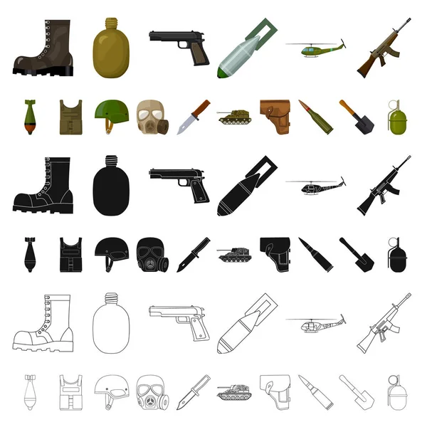 Ejército y armamento iconos de dibujos animados en la colección de conjuntos para el diseño. Armas y equipo vector símbolo stock web ilustración . — Vector de stock