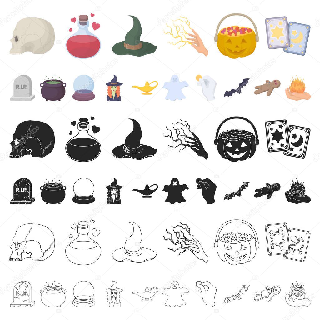 Cartoon and white magic cartoon icons in set collection for design. Attributes and sorceress accessories vector symbol stock  illustration.