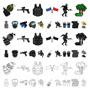 Paintball takım oyun karikatür simgeleri set koleksiyonu tasarım için. Ekipman ve kıyafet sembol stok web illüstrasyon vektör.