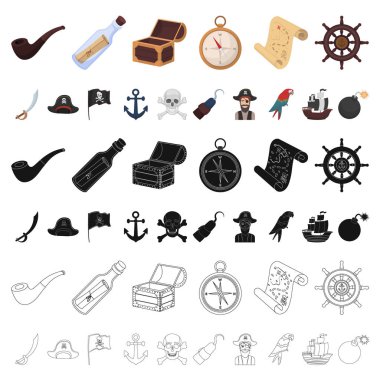 Korsan, deniz soyguncu karikatür simgeleri set koleksiyonu tasarım için. Hazineler, öznitelikleri sembol stok web illüstrasyon vektör.