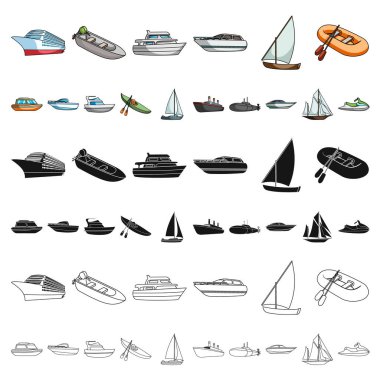 Su ve deniz taşıma karikatür simgeleri set koleksiyonu tasarım için. Tekneler ve gemiler çeşitli sembol stok web illüstrasyon vektör.