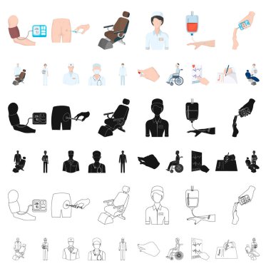 Set koleksiyonu tasarım için ilaç ve tedavi karikatür simgeler. Hastane ve ekipman sembol stok web illüstrasyon vektör.