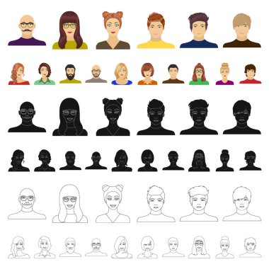 Set koleksiyonu tasarım için avatar ve yüz karikatür simgeler. Bir kişi s görünüm vektör simge stok web çizim.