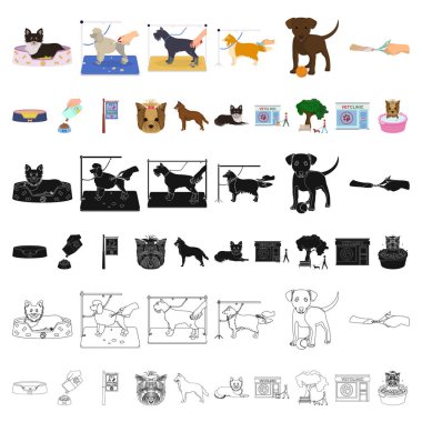 Set koleksiyonu tasarım için evde beslenen hayvan karikatür simgeler. Bakım ve eğitim sembol stok web illüstrasyon vektör.