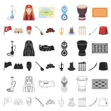 Türkiye'nin ülke çizgi film set koleksiyonu tasarım için simgeler. Sembol stok web illüstrasyon vektör seyahat ve konumlar.