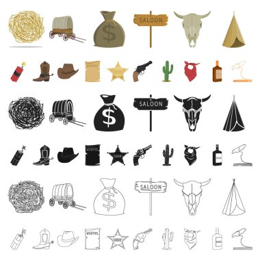 Vahşi Batı karikatür simgeleri tasarım için küme toplama öznitelikleri. Texas ve Amerika sembol stok web illüstrasyon vektör.