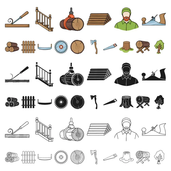 Sawmill and Timber cartoon icons in set collection for design. Hardware and Tools vector symbol stock web illustration. — Stock Vector