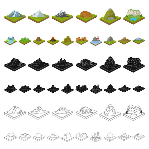 Mountains, massive cartoon icons in set collection for design. The surface of the earth vector isometric symbol stock  illustration.