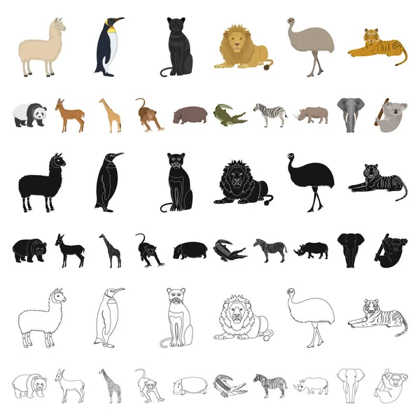 Ícones de desenhos animados de animais diferentes na coleção de conjuntos para design. ilustração da teia do estoque do símbolo do vetor do pássaro, do predador e do herbívoro . — Vetor de Stock