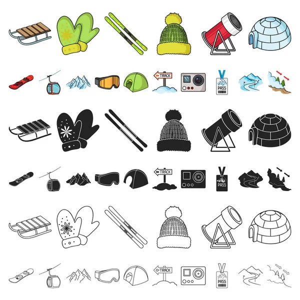 Station de ski et équipement icônes de dessin animé dans la collection set pour le design. Divertissement et loisirs vectoriel symbole stock illustration web . — Image vectorielle