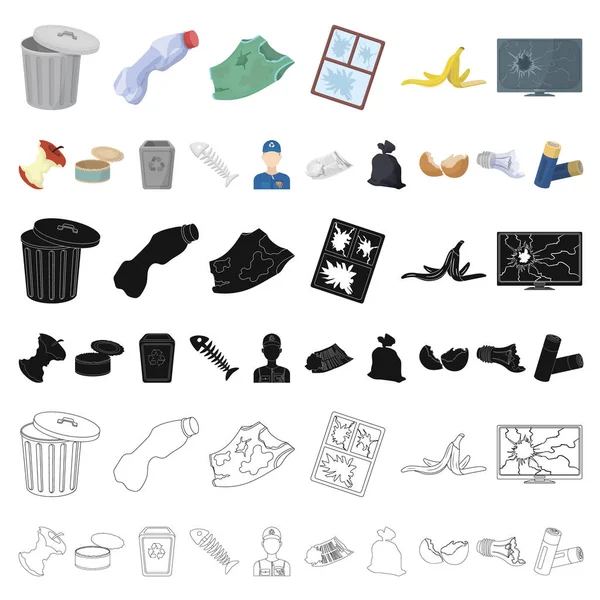 Iconos de dibujos animados de basura y residuos en la colección de conjuntos para el diseño. Limpieza de basura vector símbolo stock web ilustración . — Archivo Imágenes Vectoriales