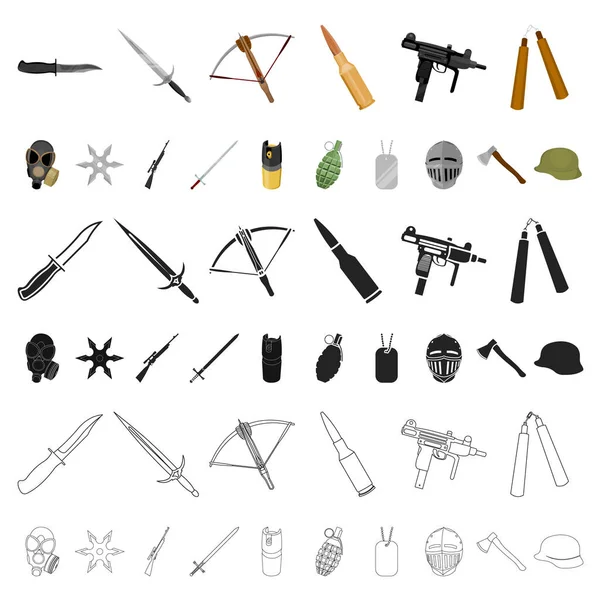 Types of weapons cartoon icons in set collection for design.Firearms and bladed weapons vector symbol stock web illustration. — Stock Vector