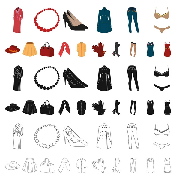 Frauenkleidung Cartoon-Symbole in Set-Kollektion für design.Kleidung Sorten und Accessoires Vektor-Symbol Stock Web-Illustration. — Stockvektor