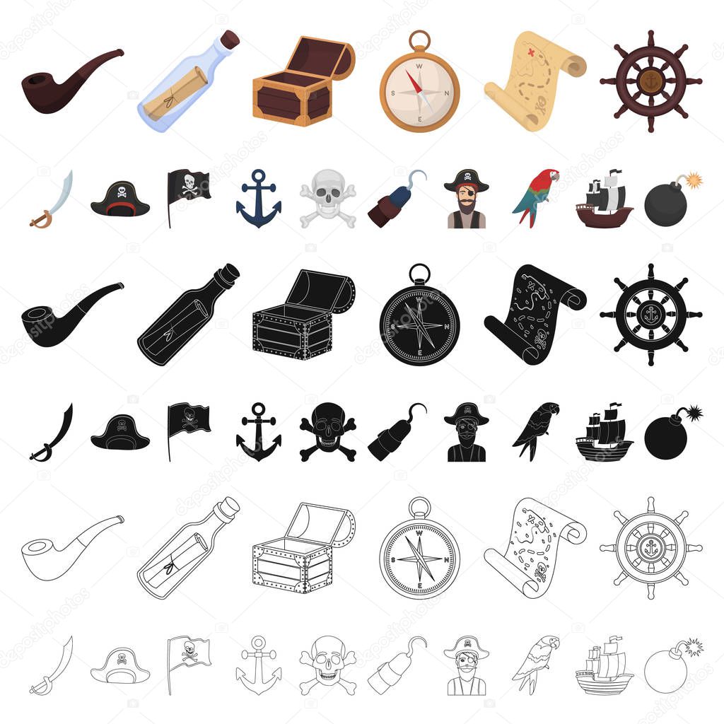 Pirate, sea robber cartoon icons in set collection for design. Treasures, attributes vector symbol stock  illustration.