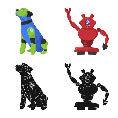 Robot ve fabrika simge vektör tasarımı. Robot ve uzay hisse senedi vektör çizim seti.
