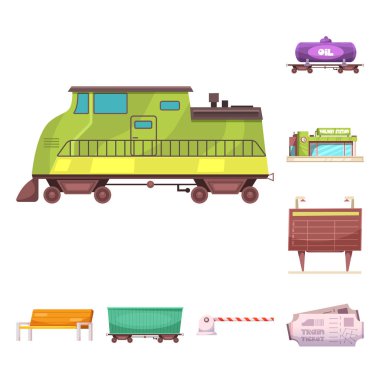 Tren tasarımı vektör ve işareti istasyonu. Hisse senedi için tren ve bilet vektör simge kümesi.