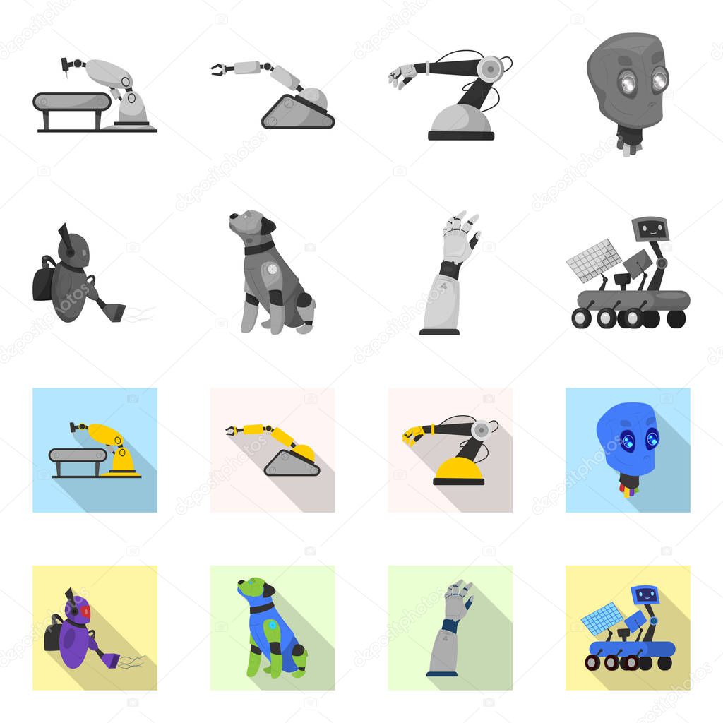 Vector illustration of robot and factory sign. Set of robot and space stock symbol for web.