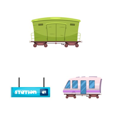 Tren ve istasyonu işareti yalıtılmış nesne. Hisse senedi için tren ve bilet vektör simge kümesi.