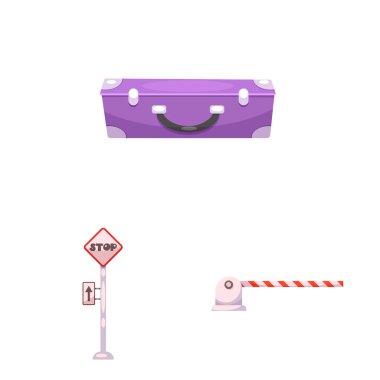 Tren ve istasyonu işareti yalıtılmış nesne. Tren ve bilet hisse senedi vektör çizim seti.